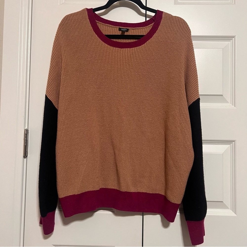 Express Women's Colorblock Sweater in Tan, Black, and Pink